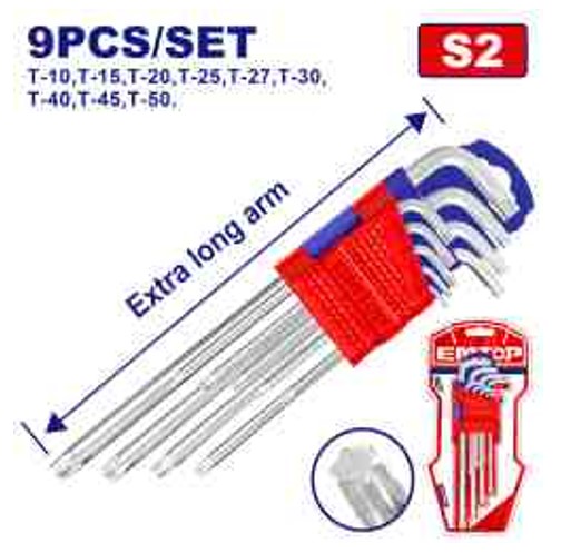 Torx Key Set 9pcs, Cr-V, Extra-Long Arm, Chrome Plate, T10-T50